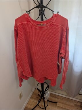 Free People One Long Sleeve Waffle Knit Tee - Coral Red Size XS